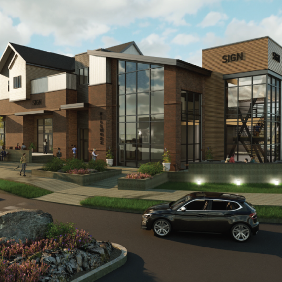 A photo rendering of a mixed use building architectural design.